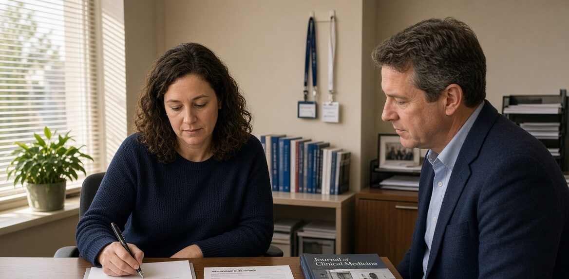 Medical association staff member reviewing a physician dues invoice and employer reimbursement letter with a doctor at an office desk