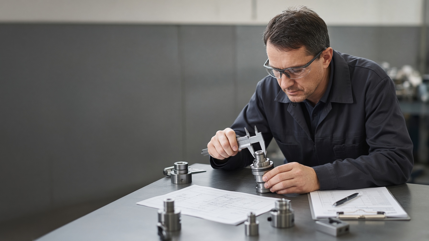 Quality-control inspector measuring a precision-engineered component before approval.